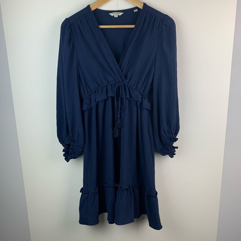 Max Studio Women’s Navy Dresses Ruffled Dress Peplum Balloon Long Sleeve Size XS